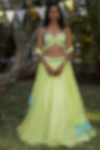 Lime Green Hand Embroidered Wedding Lehenga Set by Dhwaja at Pernia's Pop Up Shop