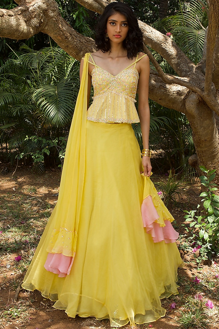 Pastel Yellow Embroidered Wedding Lehenga Set by Dhwaja at Pernia's Pop Up Shop