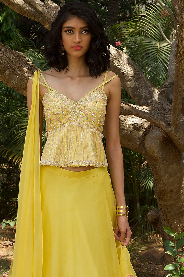 Pastel Yellow Embroidered Wedding Lehenga Set by Dhwaja at Pernia's Pop Up Shop