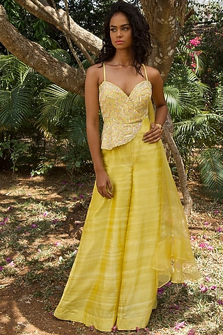 Pastel Yellow Hand Embroidered Jumpsuit by Dhwaja