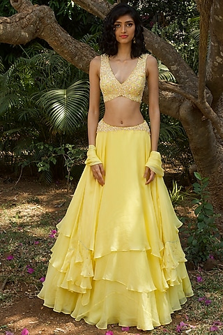 Pastel Yellow Hand Embroidered Skirt Set by Dhwaja