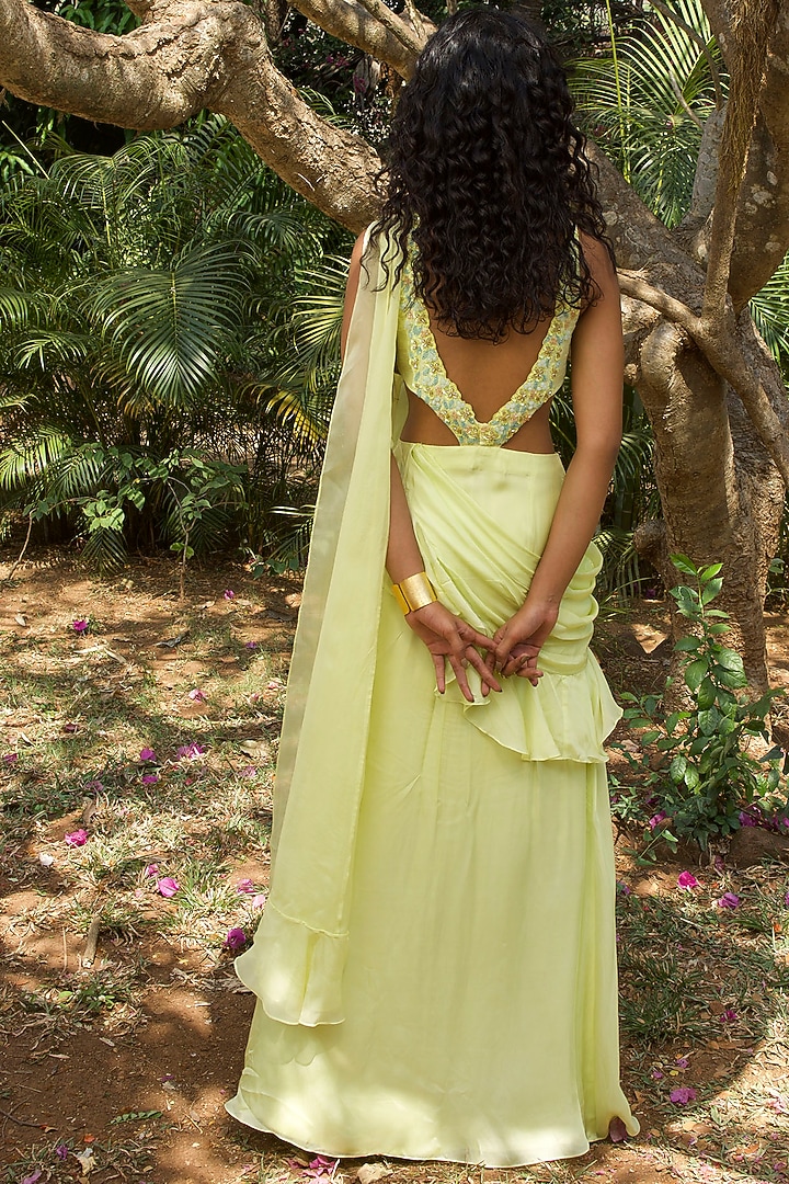Lime Green Hand Embroidered Pre Draped Wedding Saree by Dhwaja at Pernia's Pop Up Shop