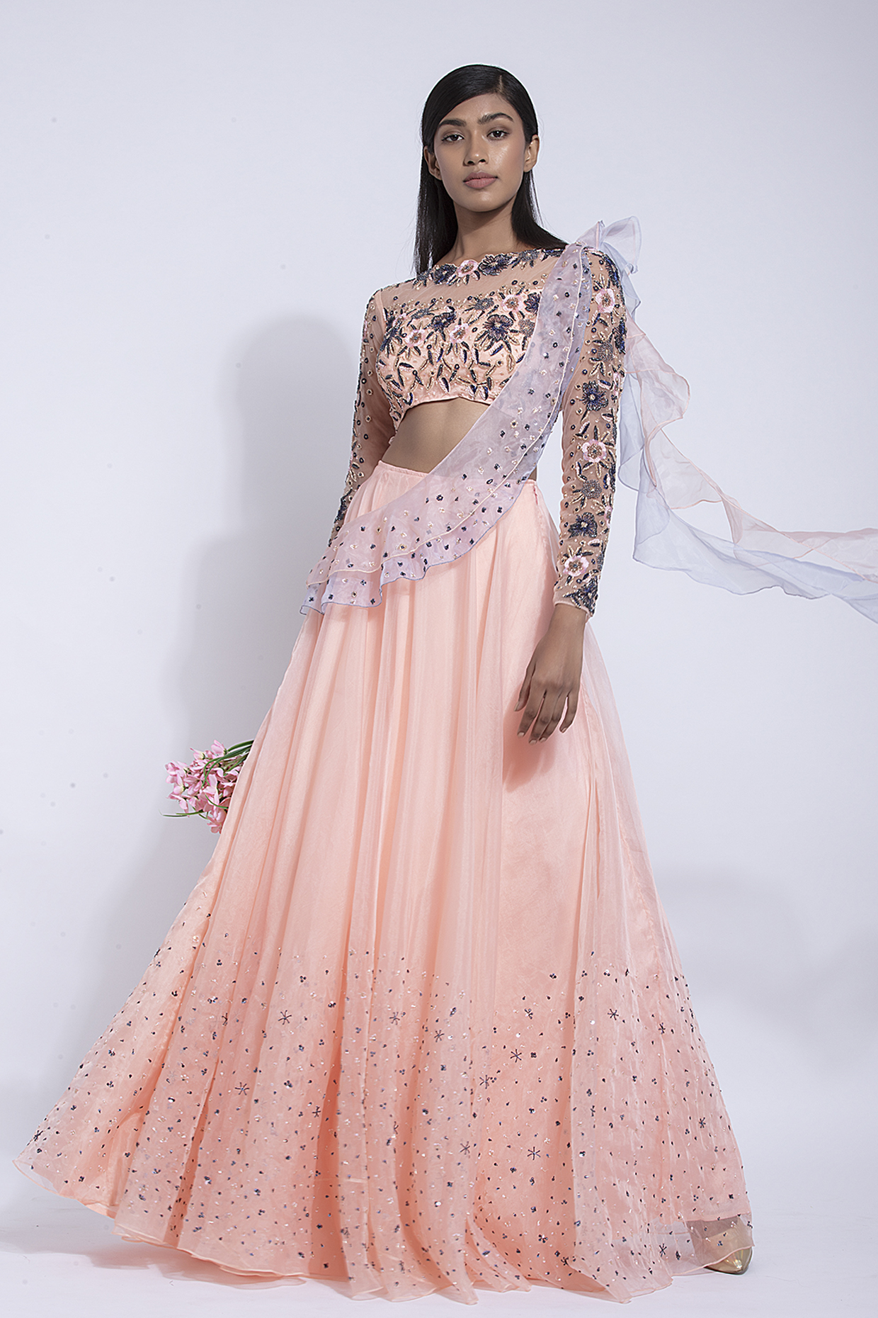 Peach Embroidered Lehenga Set by Dhwaja