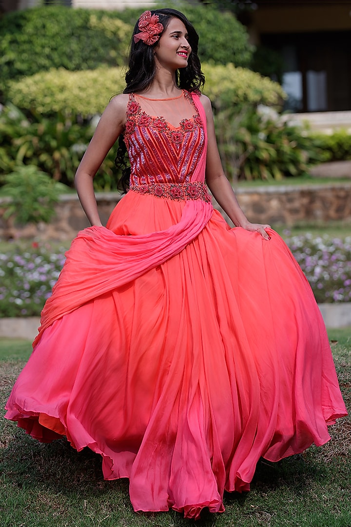 Coral & Pink Ombre Gown With Drape by Dhwaja