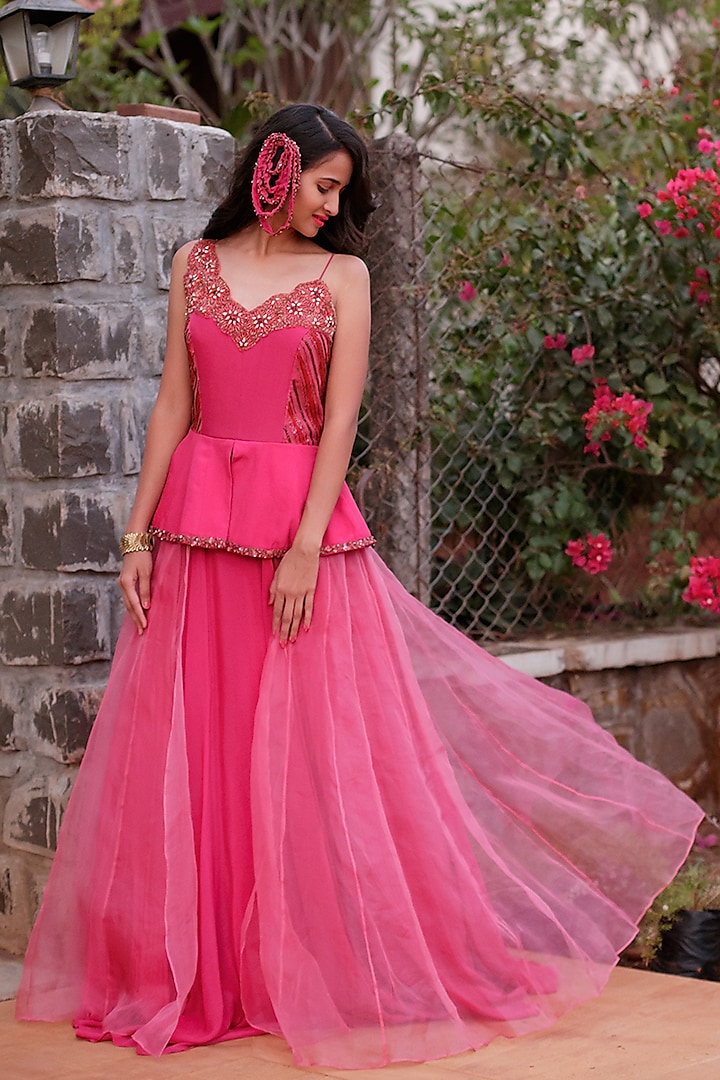 Magenta Embroidered Peplum Gown by Dhwaja