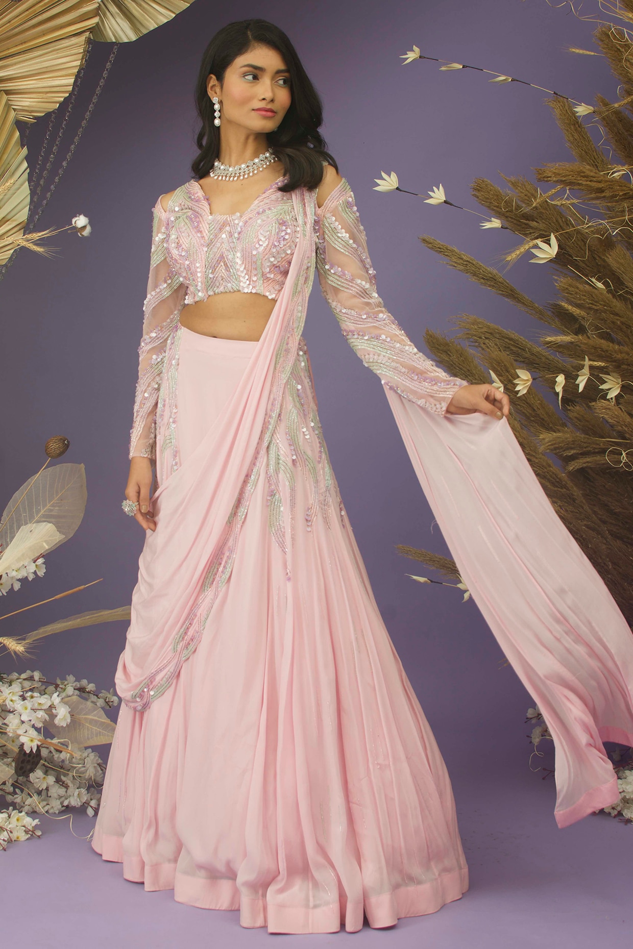 Lahenga Choli Silver Half Saree Pink : The Morani Fashion