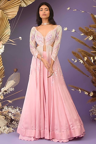Blush Pink Satin Organza Hand Embellished Jacket Lehenga Set by Dhwaja