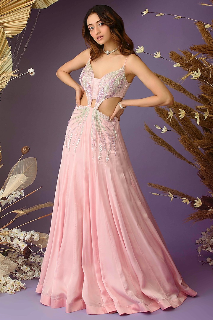Blush Pink Satin Organza Hand Embellished Gown by Dhwaja