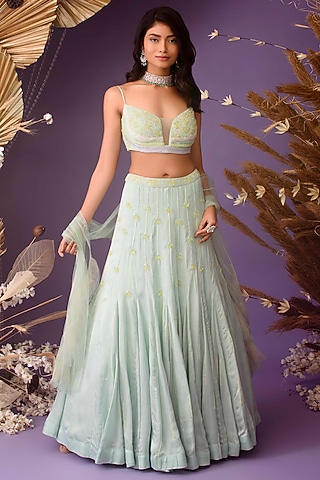 Misty Aqua Satin Organza Hand Embellished Lehenga Set by Dhwaja