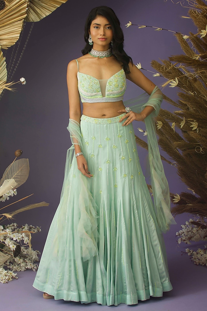 Misty Aqua Satin Organza Hand Embellished Wedding Lehenga Set by Dhwaja at Pernia's Pop Up Shop