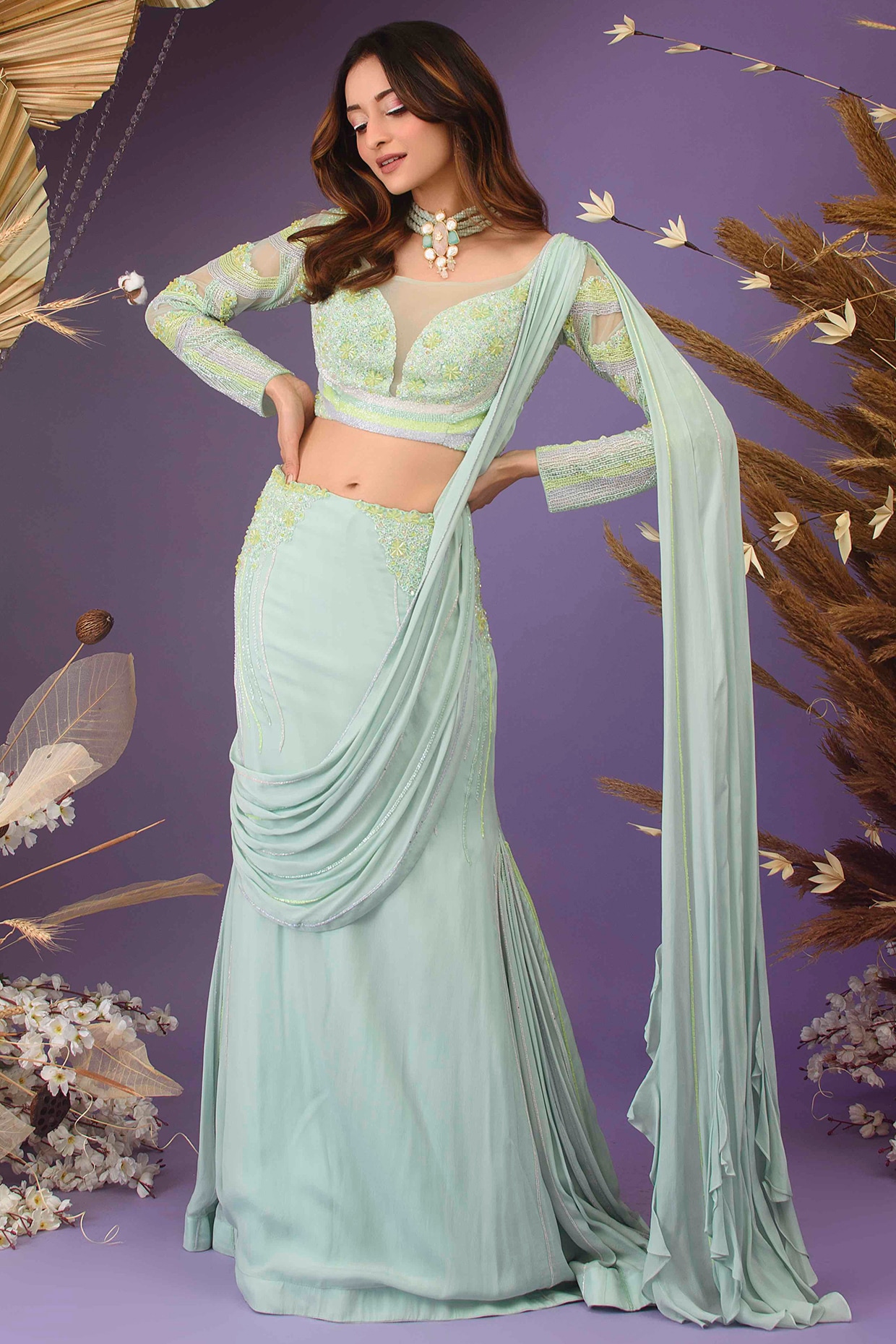 Buy Green Ruffle Saree Set by Designer TAMANNA PUNJABI KAPOOR Online at  Ogaan.com