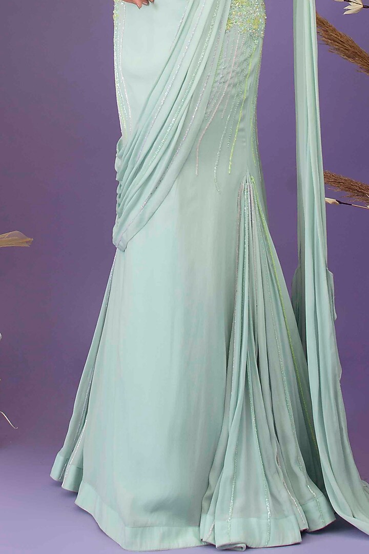 Misty Aqua Crepe Pre-Draped Ruffled Mermaid Wedding Saree Set by Dhwaja at Pernia's Pop Up Shop