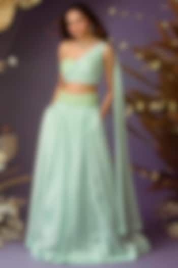 Misty Aqua Satin Organza Pleated Wedding Lehenga Set by Dhwaja at Pernia's Pop Up Shop