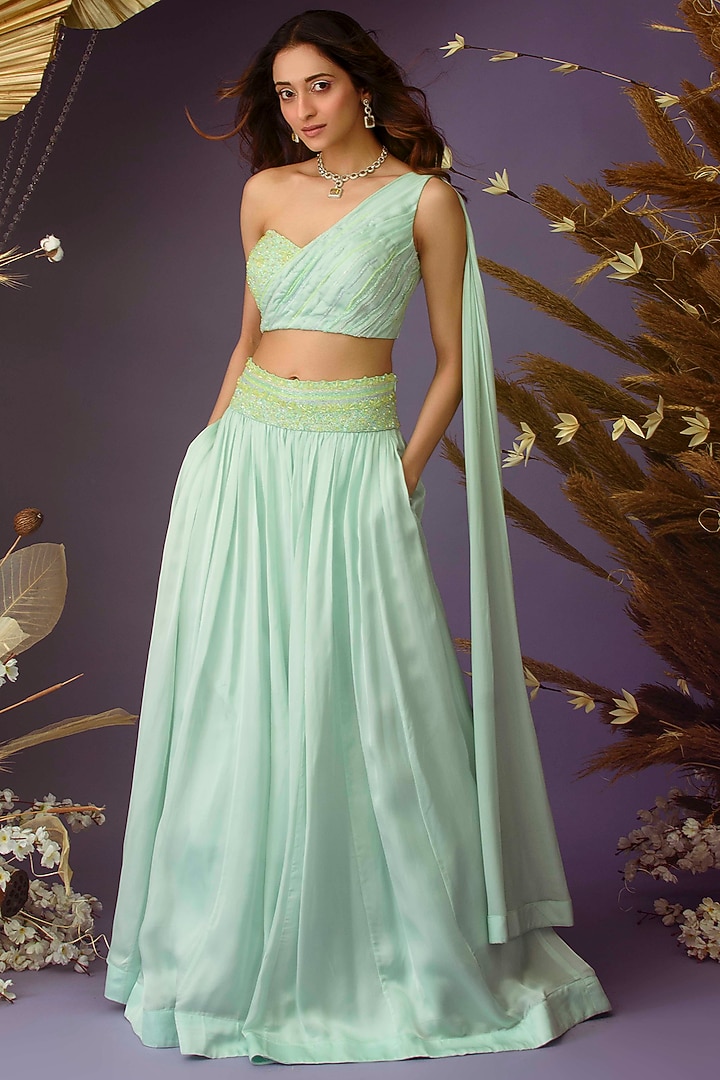 Misty Aqua Satin Organza Pleated Wedding Lehenga Set by Dhwaja at Pernia's Pop Up Shop