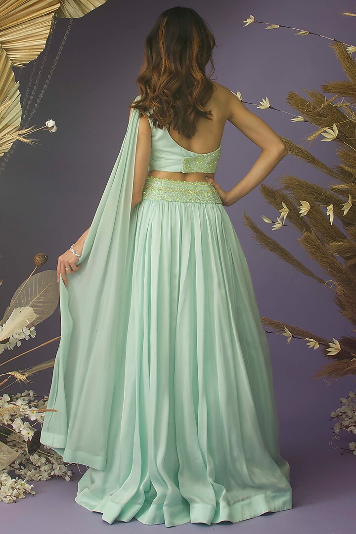 Misty Aqua Satin Organza Pleated Wedding Lehenga Set by Dhwaja at Pernia's Pop Up Shop