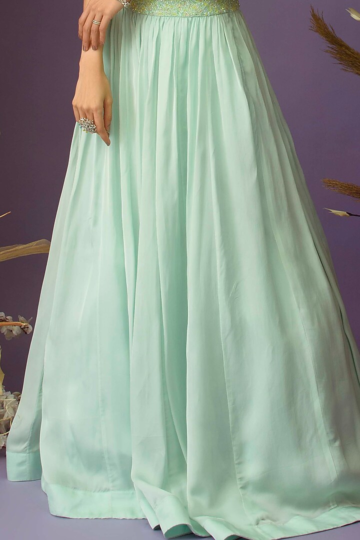 Misty Aqua Satin Organza Pleated Wedding Lehenga Set by Dhwaja at Pernia's Pop Up Shop
