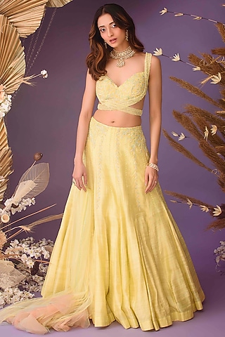 Yellow Pure Raw Silk Hand Embroidered Lehenga Set by Dhwaja