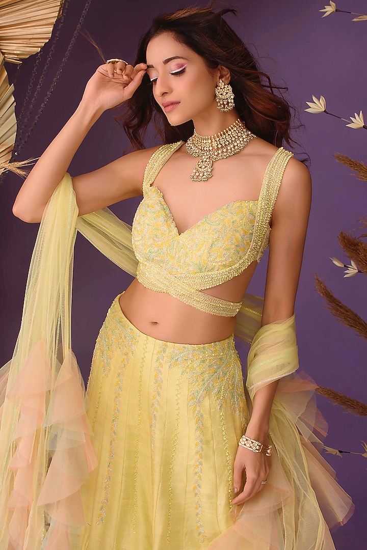 Yellow Pure Raw Silk Hand Embroidered Wedding Lehenga Set by Dhwaja at Pernia's Pop Up Shop