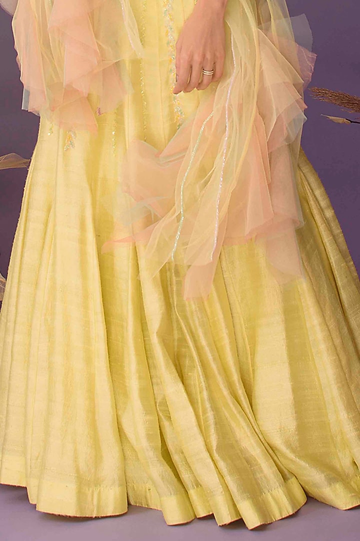 Yellow Pure Raw Silk Hand Embroidered Wedding Lehenga Set by Dhwaja at Pernia's Pop Up Shop