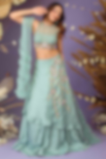 Dusty Mint Green Satin Organza Hand Embroidered Draped Wedding Lehenga Set by Dhwaja at Pernia's Pop Up Shop