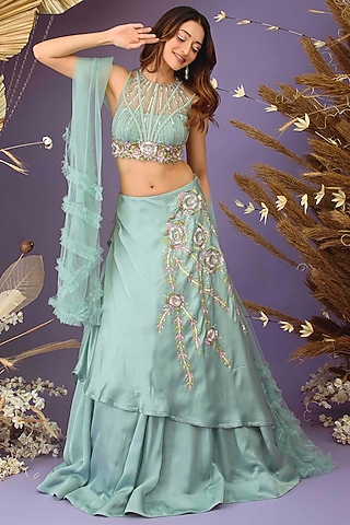 Dusty Mint Green Satin Organza Hand Embroidered Draped Lehenga Set by Dhwaja