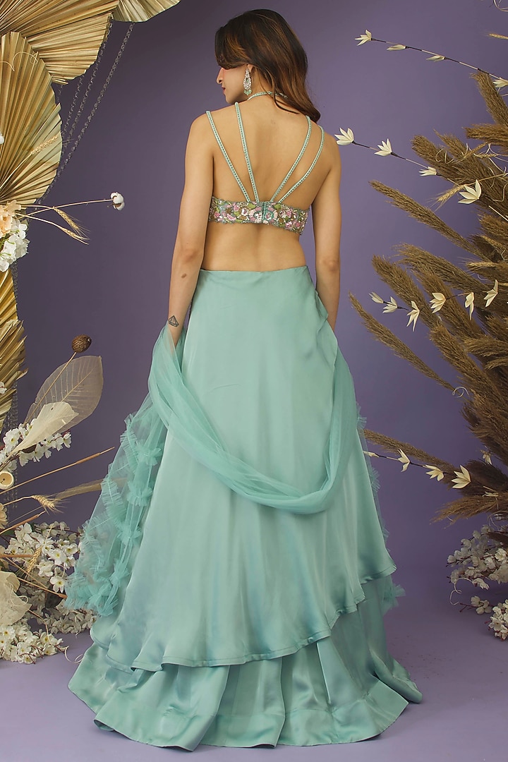 Dusty Mint Green Satin Organza Hand Embroidered Draped Wedding Lehenga Set by Dhwaja at Pernia's Pop Up Shop