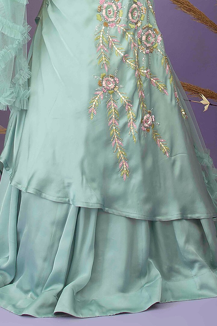 Dusty Mint Green Satin Organza Hand Embroidered Draped Wedding Lehenga Set by Dhwaja at Pernia's Pop Up Shop