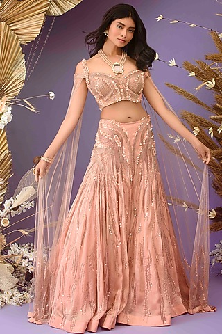 Coral Satin Organza Hand Embroidered Lehenga Set by Dhwaja