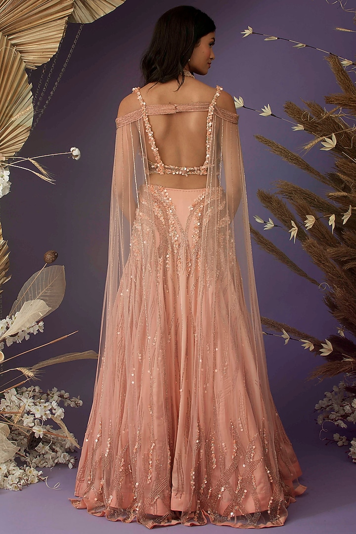 Coral Satin Organza Hand Embroidered Wedding Lehenga Set by Dhwaja at Pernia's Pop Up Shop
