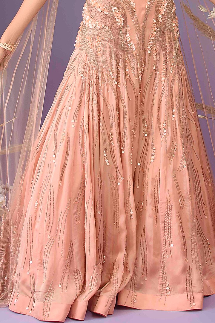 Coral Satin Organza Hand Embroidered Wedding Lehenga Set by Dhwaja at Pernia's Pop Up Shop