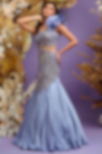 Blue Satin Georgette Hand Embroidered Ruffled Wedding Gown by Dhwaja at Pernia's Pop Up Shop