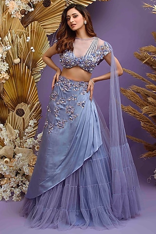 Blue Satin Georgette Hand Embroidered Lehenga Set by Dhwaja