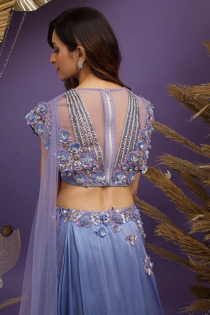 Blue Satin Georgette Hand Embroidered Wedding Lehenga Set by Dhwaja at Pernia's Pop Up Shop