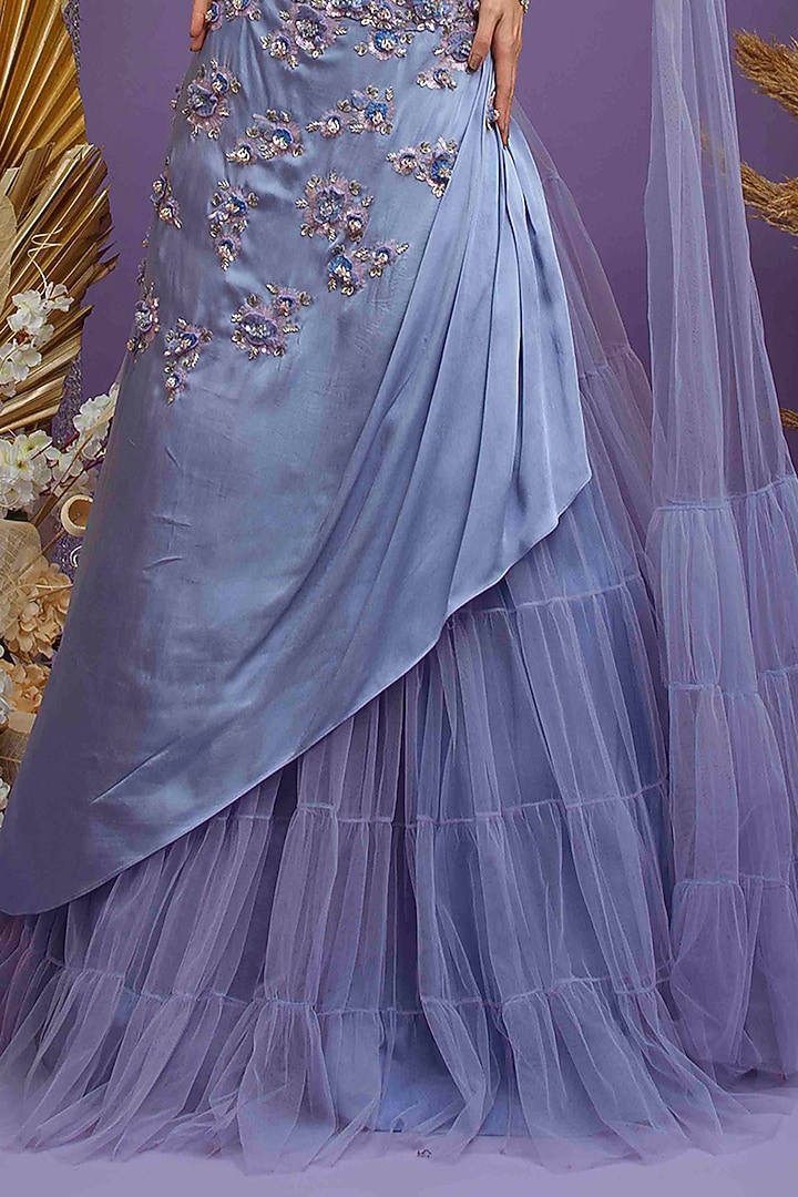 Blue Satin Georgette Hand Embroidered Wedding Lehenga Set by Dhwaja at Pernia's Pop Up Shop