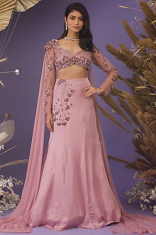 Onion Pink Satin & Flat Chiffon Hand Embroidered Skirt Set by Dhwaja