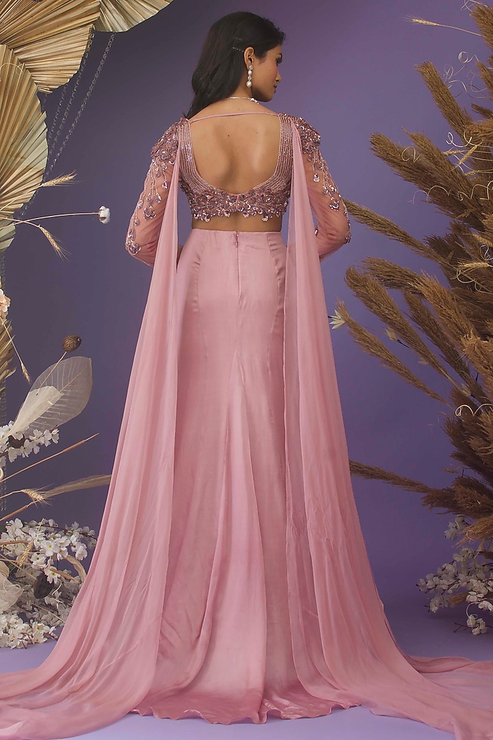 Onion Pink Satin & Flat Chiffon Hand Embroidered Skirt Set by Dhwaja at Pernia's Pop Up Shop