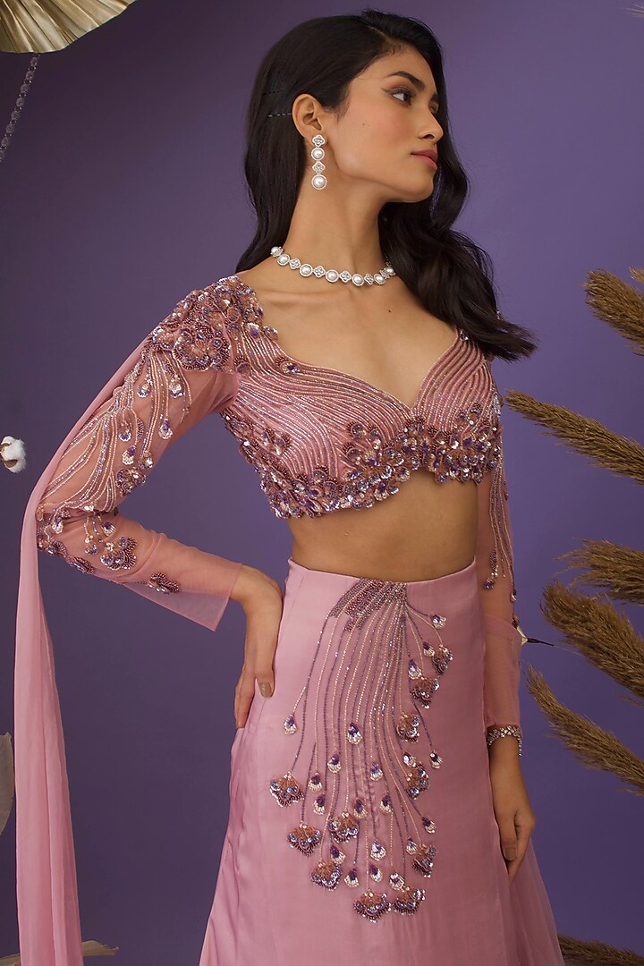 Onion Pink Satin & Flat Chiffon Hand Embroidered Skirt Set by Dhwaja at Pernia's Pop Up Shop