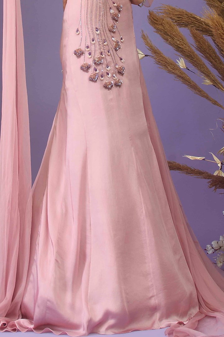 Onion Pink Satin & Flat Chiffon Hand Embroidered Skirt Set by Dhwaja at Pernia's Pop Up Shop