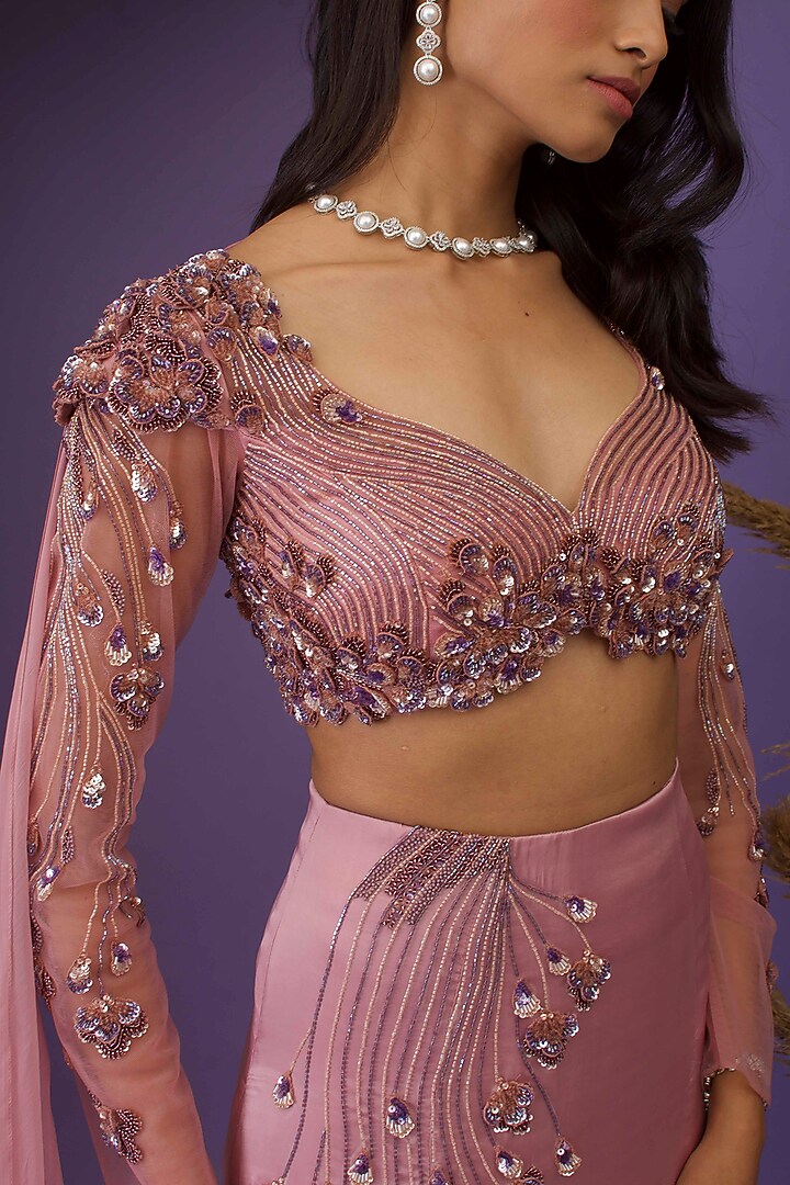 Onion Pink Satin & Flat Chiffon Hand Embroidered Skirt Set by Dhwaja at Pernia's Pop Up Shop