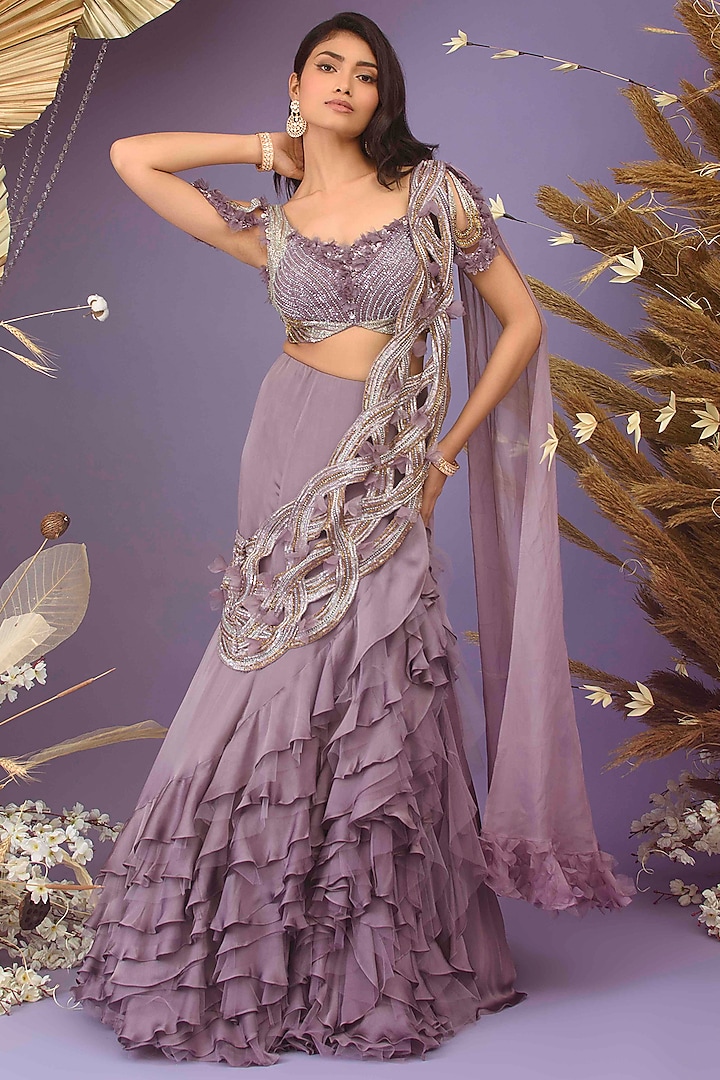 Dark Lilac Satin Georgette Ruffled Lehenga Saree Set by Dhwaja