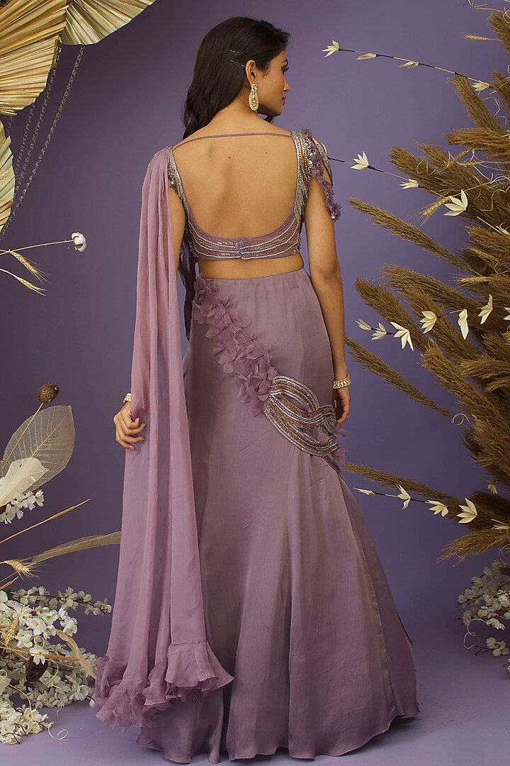Dark Lilac Satin Georgette Ruffled Wedding Lehenga Saree Set by Dhwaja at Pernia's Pop Up Shop