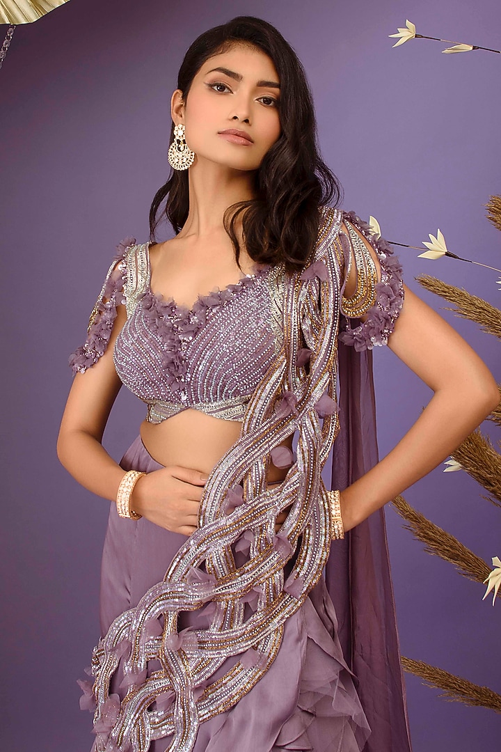 Dark Lilac Satin Georgette Ruffled Wedding Lehenga Saree Set by Dhwaja at Pernia's Pop Up Shop