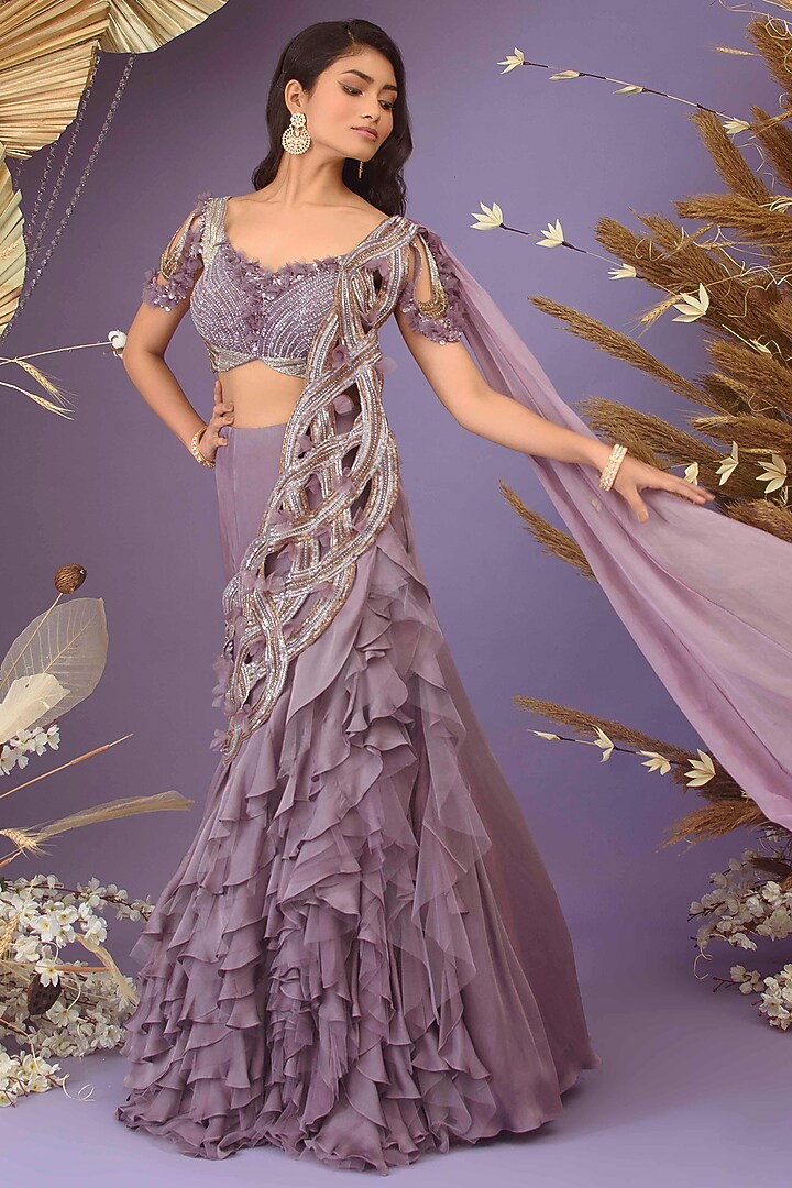 Dark Lilac Satin Georgette Ruffled Wedding Lehenga Saree Set by Dhwaja at Pernia's Pop Up Shop