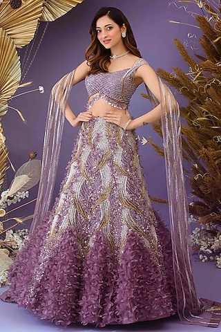 Dark Lilac Upada Silk & Nylon Organza Embellished Lehenga Set by Dhwaja