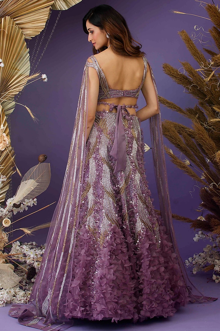 Dark Lilac Upada Silk & Nylon Organza Embellished Lehenga Set Design by  Dhwaja at Pernia's Pop Up Shop 2024