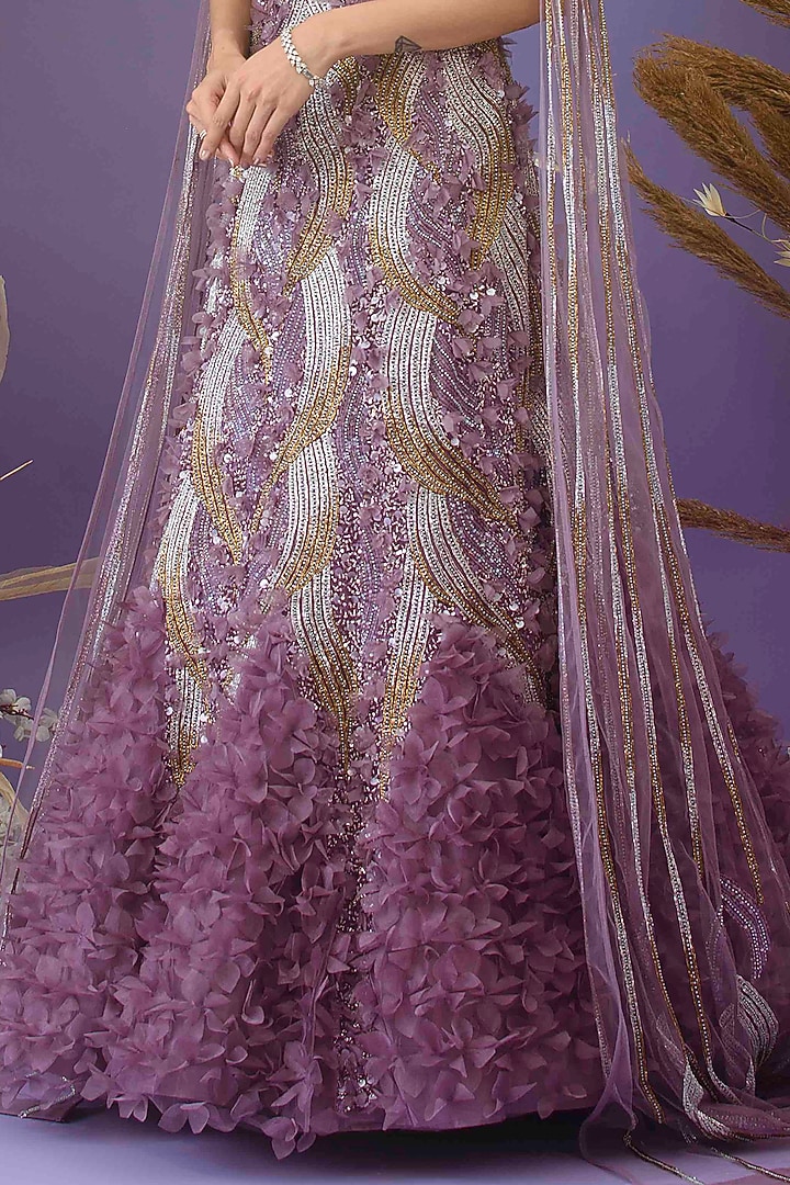 Dark Lilac Upada Silk & Nylon Organza Embellished Bridal Lehenga Set by Dhwaja at Pernia's Pop Up Shop
