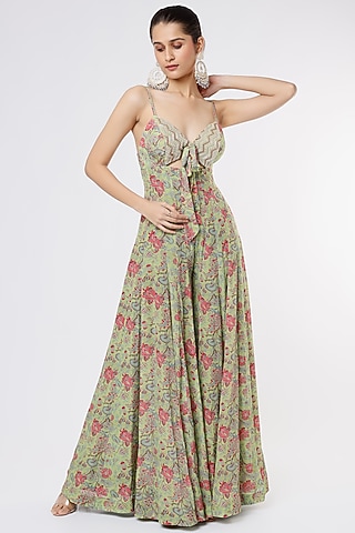 Lime Green Printed & Embroidered Jumpsuit by Dhwaja