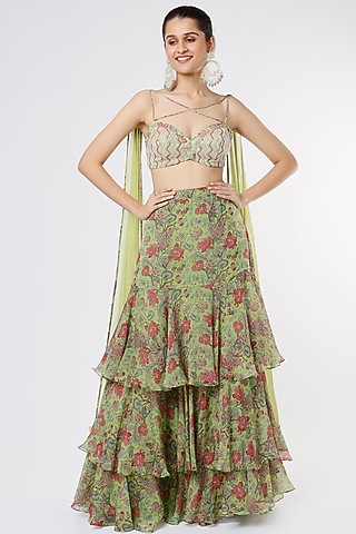 Lime Green Printed Lehenga Set by Dhwaja