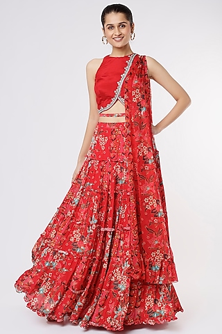 Red Floral Printed Lehenga Set by Dhwaja