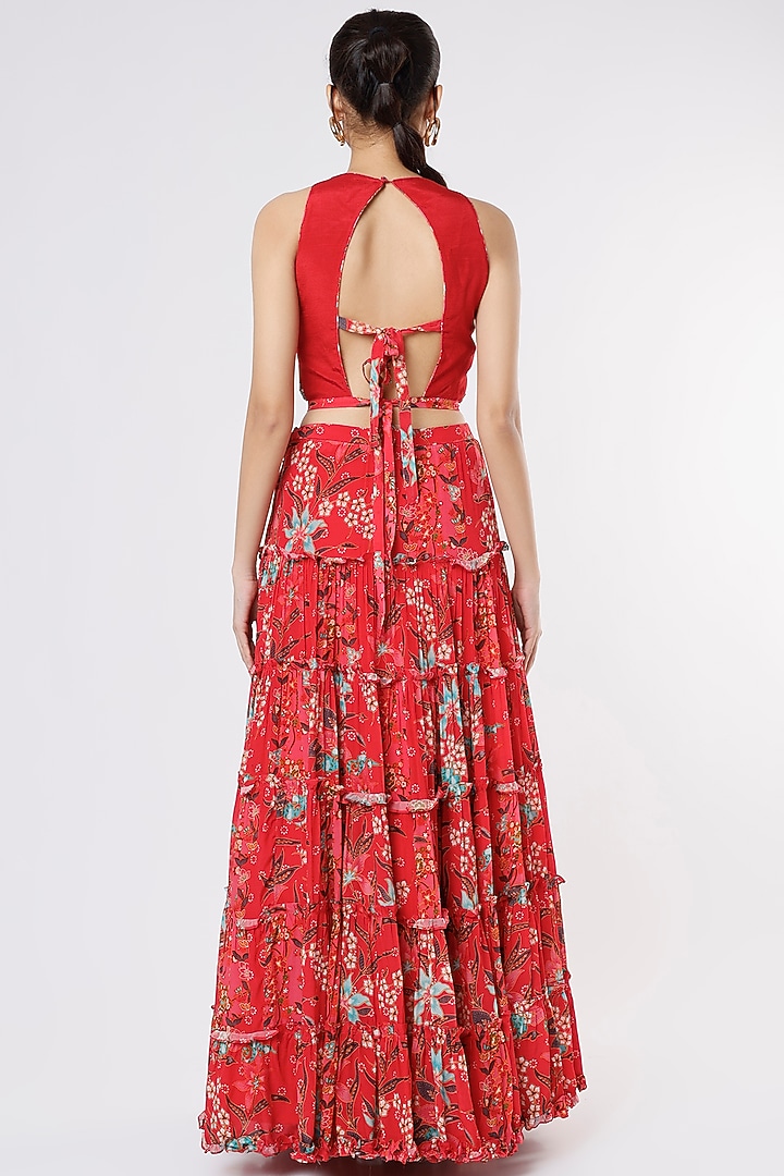 Red Floral Printed Lehenga Set by Dhwaja at Pernia's Pop Up Shop
